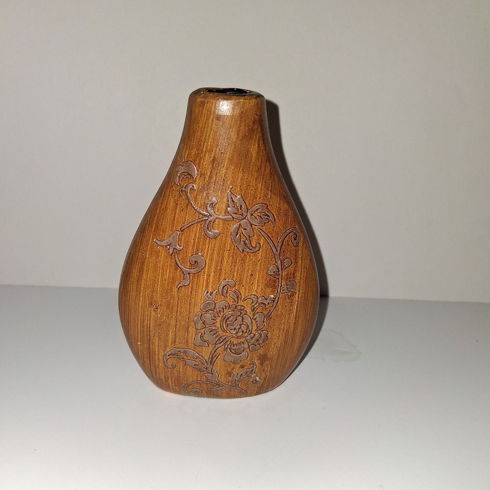 Ceramic Vase Faux Wood Brown Home Decor‎ Texture Detail Flowers Figure